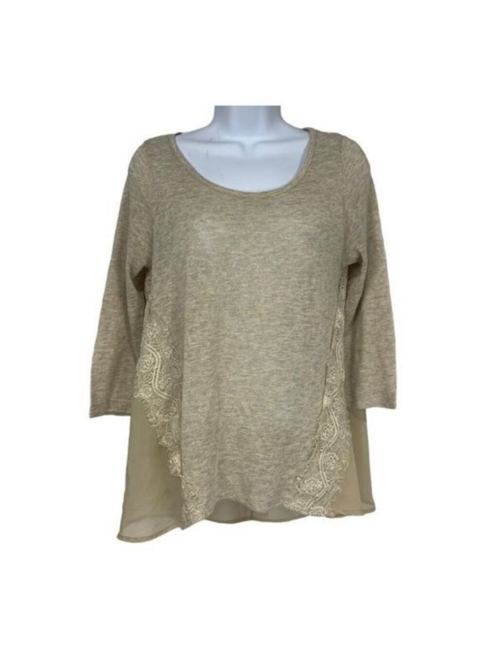 Ezra Beige Sheer Back Lace Accent Womens Blouse Size S Lightweight 3/4 Sleeve To